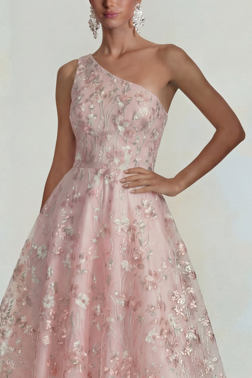 Sparkly Pink Floral One Shoulder A Line Maxi Wedding Guest Dress