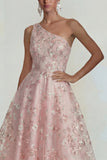Sparkly Pink Floral One Shoulder A Line Maxi Wedding Guest Dress