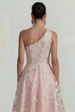 Sparkly Pink Floral One Shoulder A Line Maxi Wedding Guest Dress