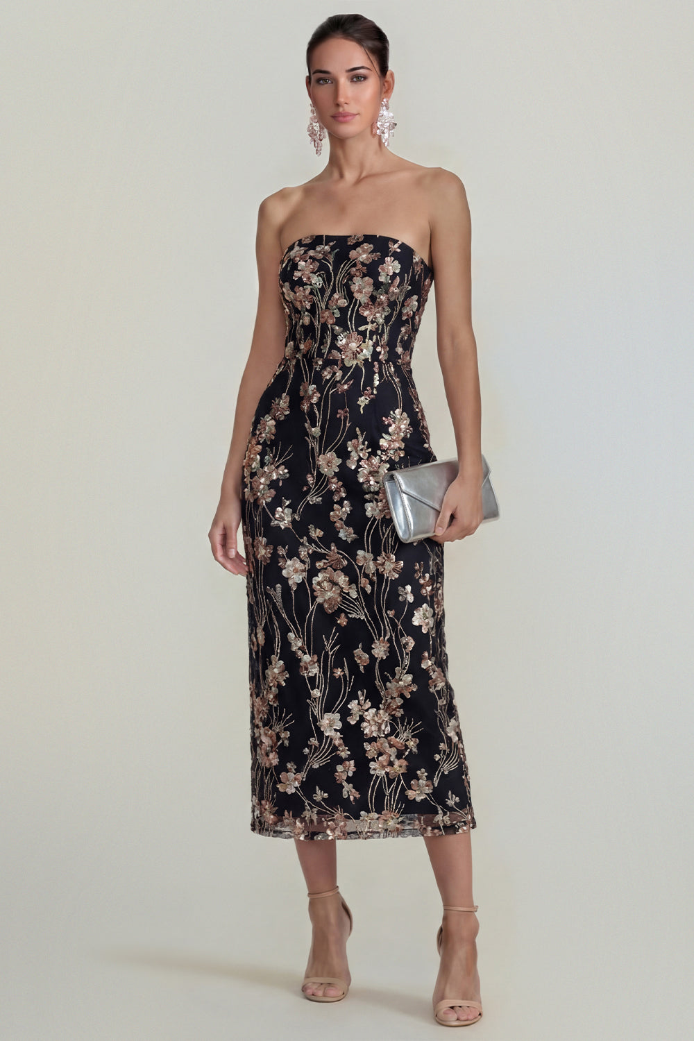 Sparkly Pink Floral Strapless Sheath Maxi Wedding Guest Dress