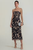 Sparkly Pink Floral Strapless Sheath Maxi Wedding Guest Dress