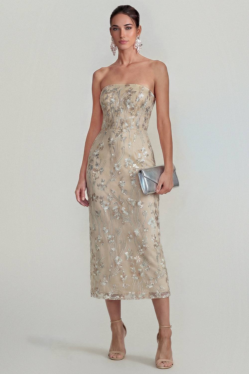 Sparkly Pink Floral Strapless Sheath Maxi Wedding Guest Dress