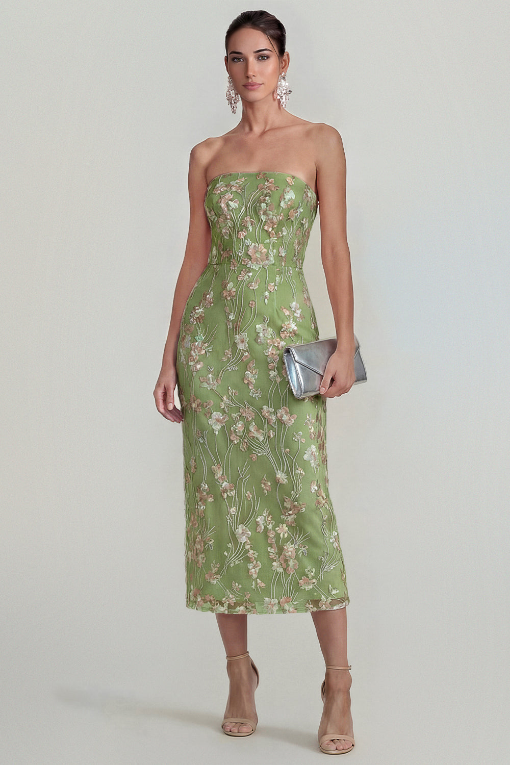 Sparkly Pink Floral Strapless Sheath Maxi Wedding Guest Dress