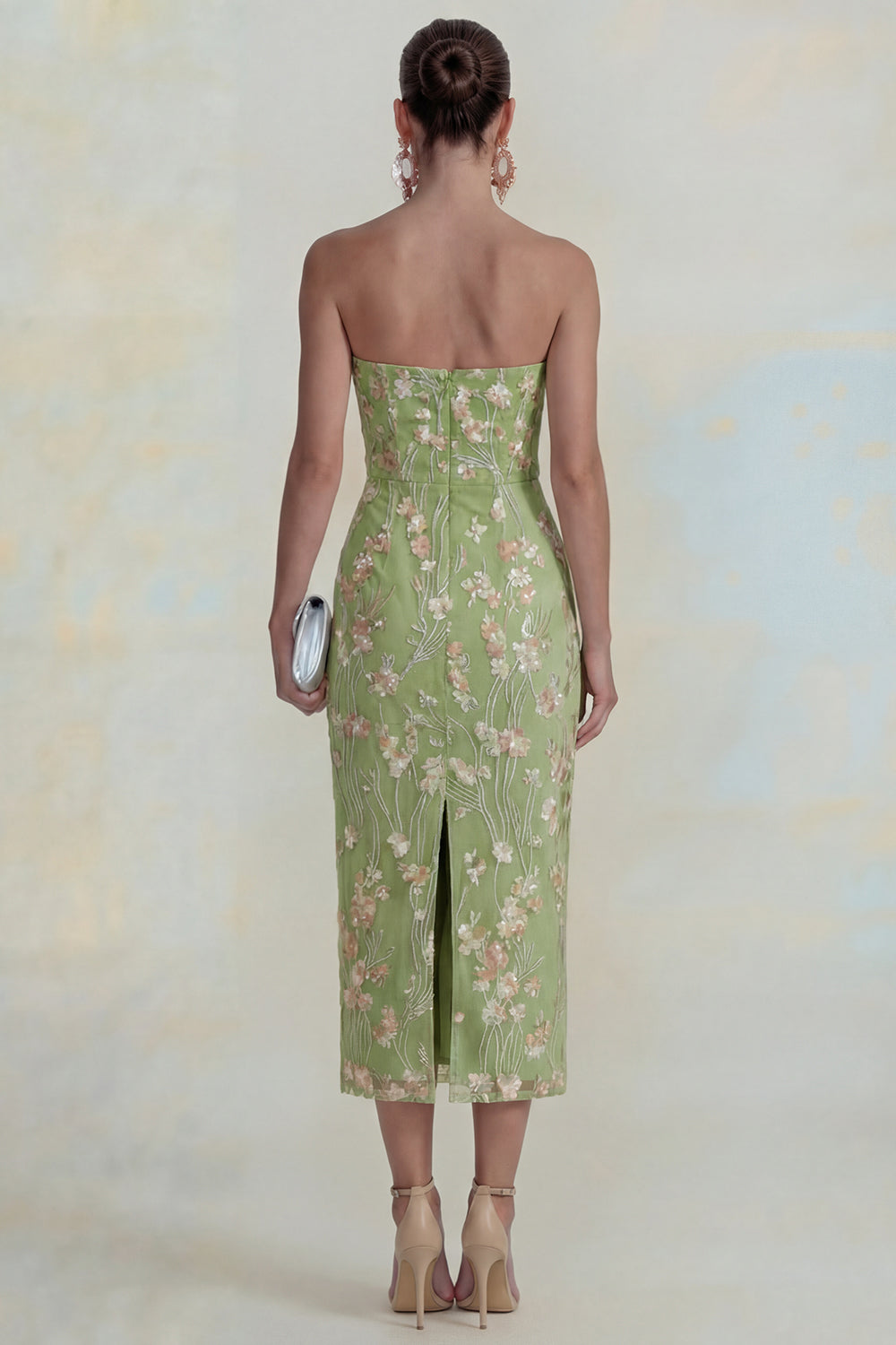 Sparkly Pink Floral Strapless Sheath Maxi Wedding Guest Dress