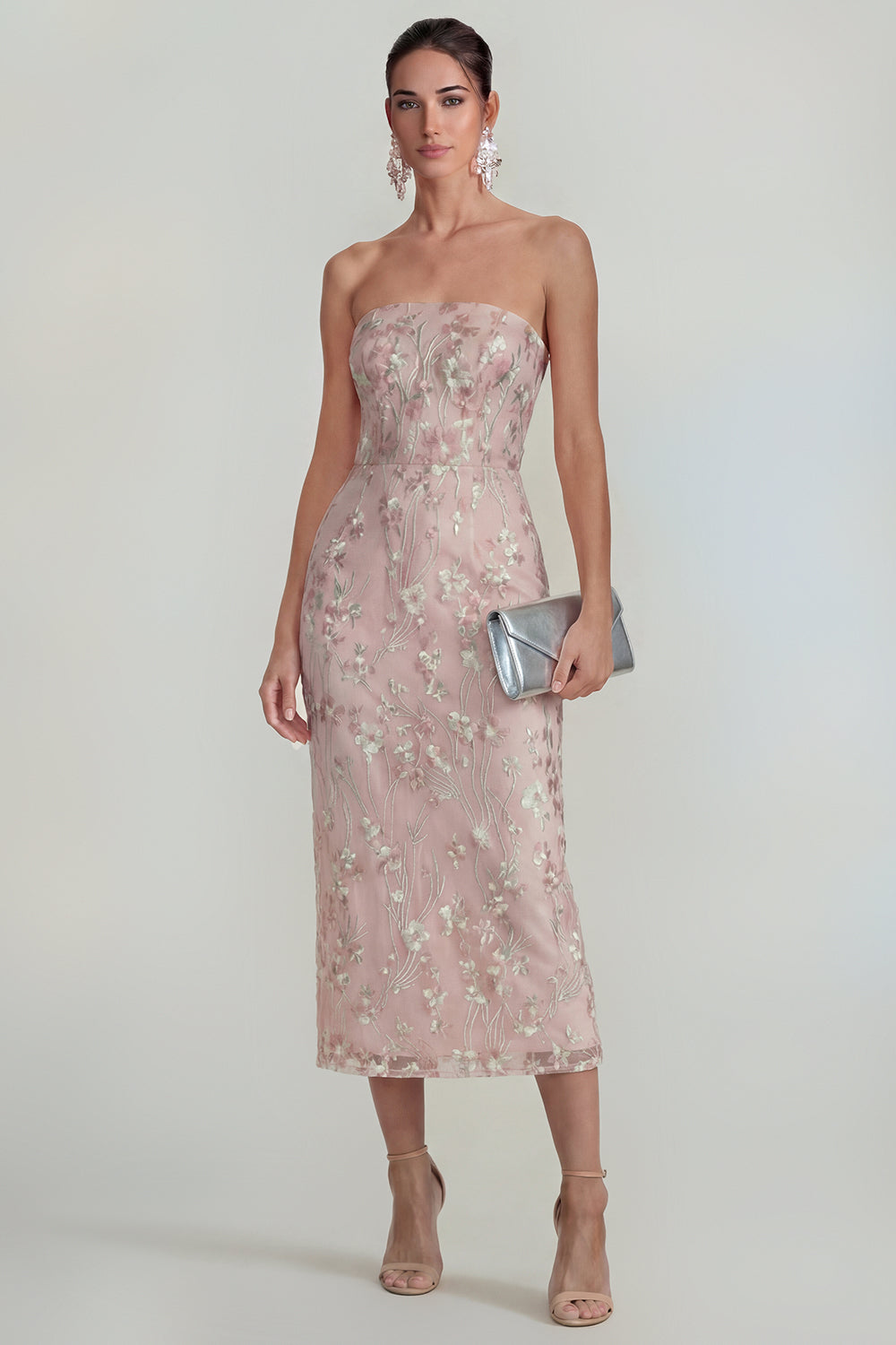 Sparkly Pink Floral Strapless Sheath Maxi Wedding Guest Dress