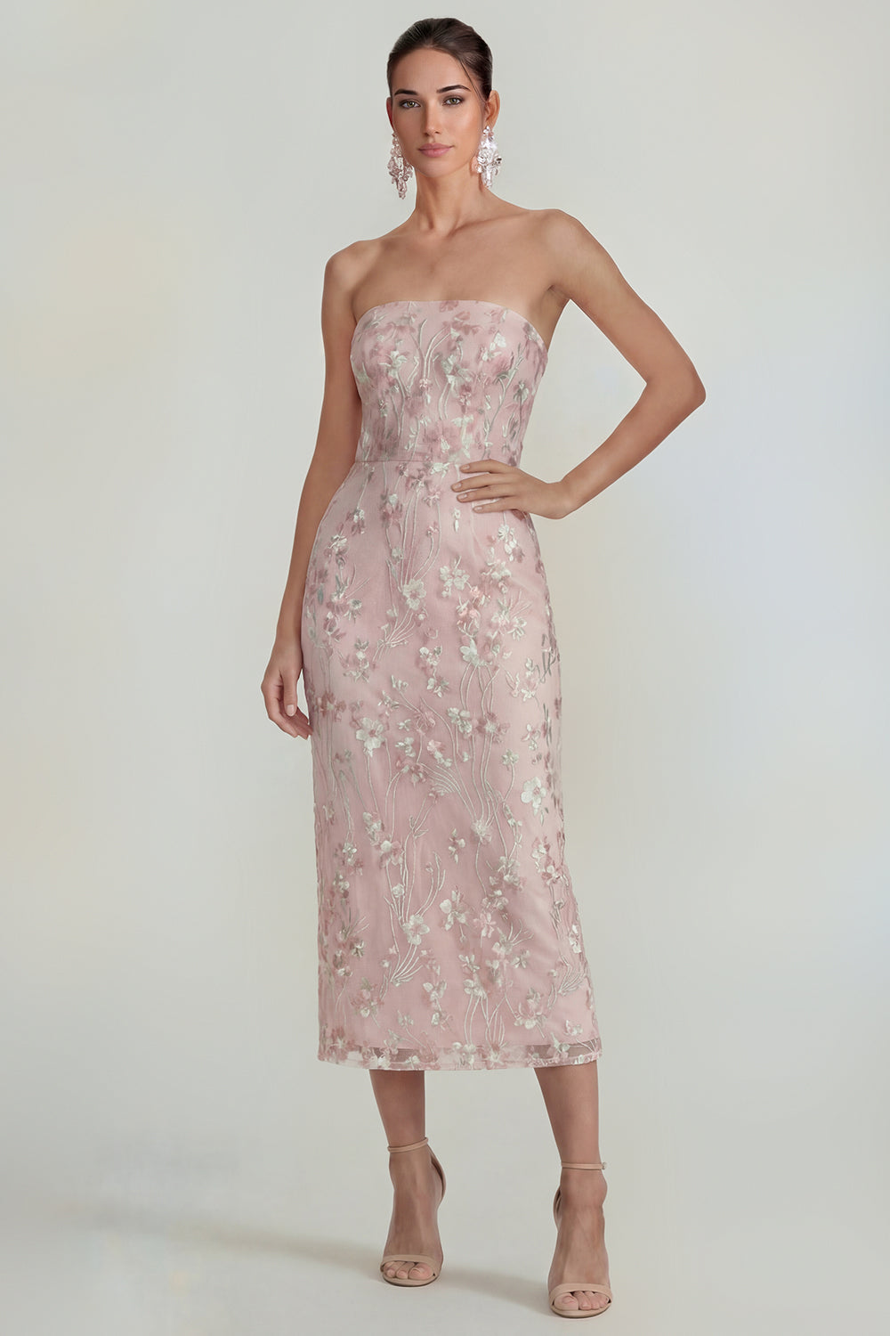 Sparkly Pink Floral Strapless Sheath Maxi Wedding Guest Dress