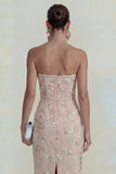 Sparkly Pink Floral Strapless Sheath Maxi Wedding Guest Dress