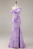Yellow One Shoulder Long Mermaid Floral Prom Dress with Slit