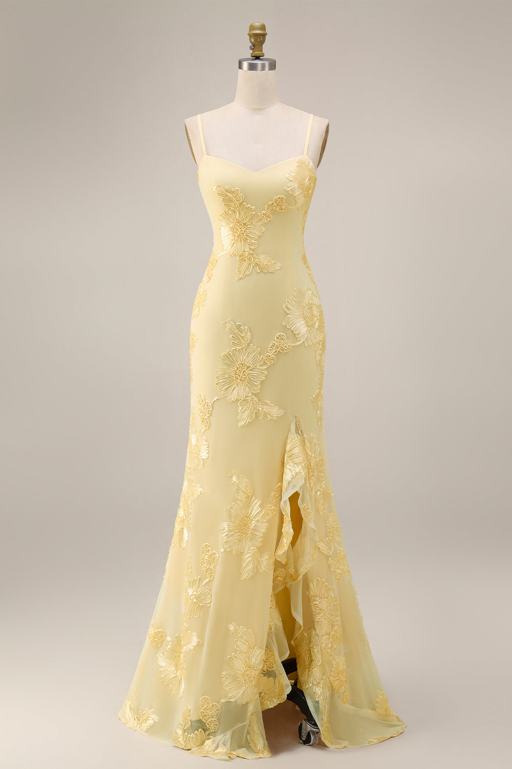 Yellow Spaghetti Straps Long Mermaid Ruffled Floral Prom Dress with Slit