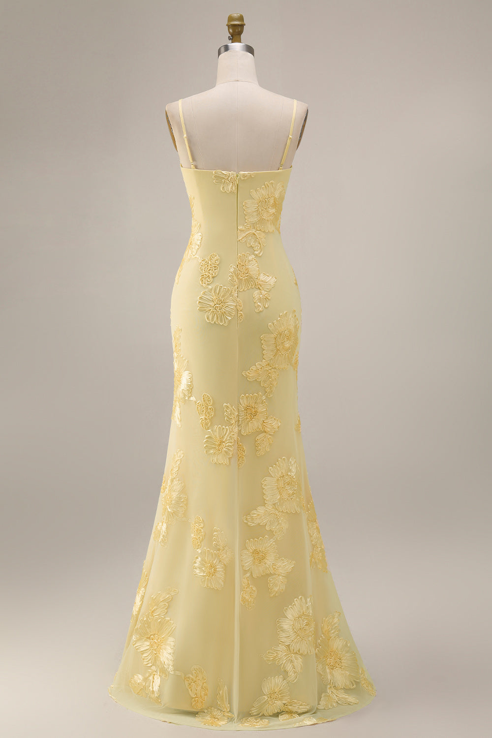 Yellow Spaghetti Straps Long Mermaid Ruffled Floral Prom Dress with Slit