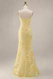 Yellow Spaghetti Straps Long Mermaid Ruffled Floral Prom Dress with Slit