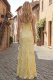 Yellow Spaghetti Straps Long Mermaid Ruffled Floral Prom Dress with Slit