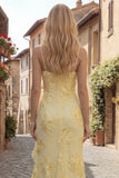 Yellow Spaghetti Straps Long Mermaid Ruffled Floral Prom Dress with Slit