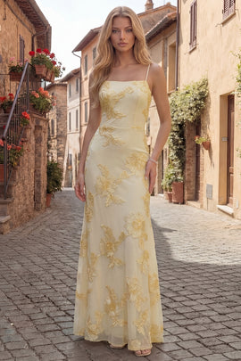 Yellow Spaghetti Straps Long A Line Floral Appliqued Prom Dress