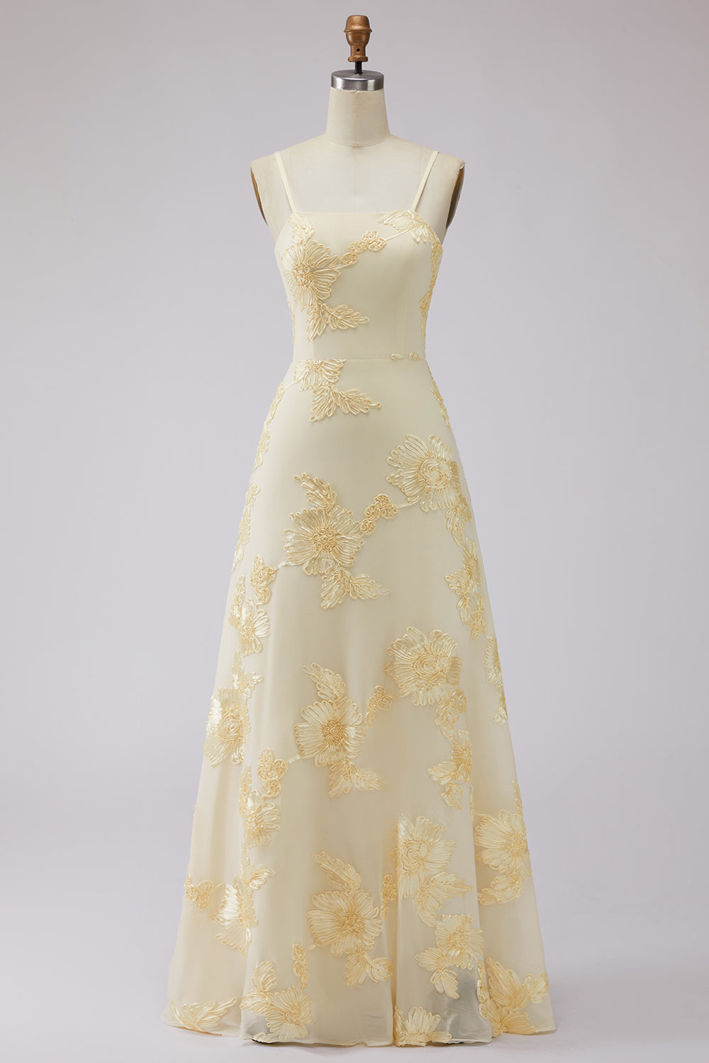 Yellow Spaghetti Straps Long A Line Floral Appliqued Prom Dress