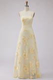 Yellow Spaghetti Straps Long A Line Floral Appliqued Prom Dress