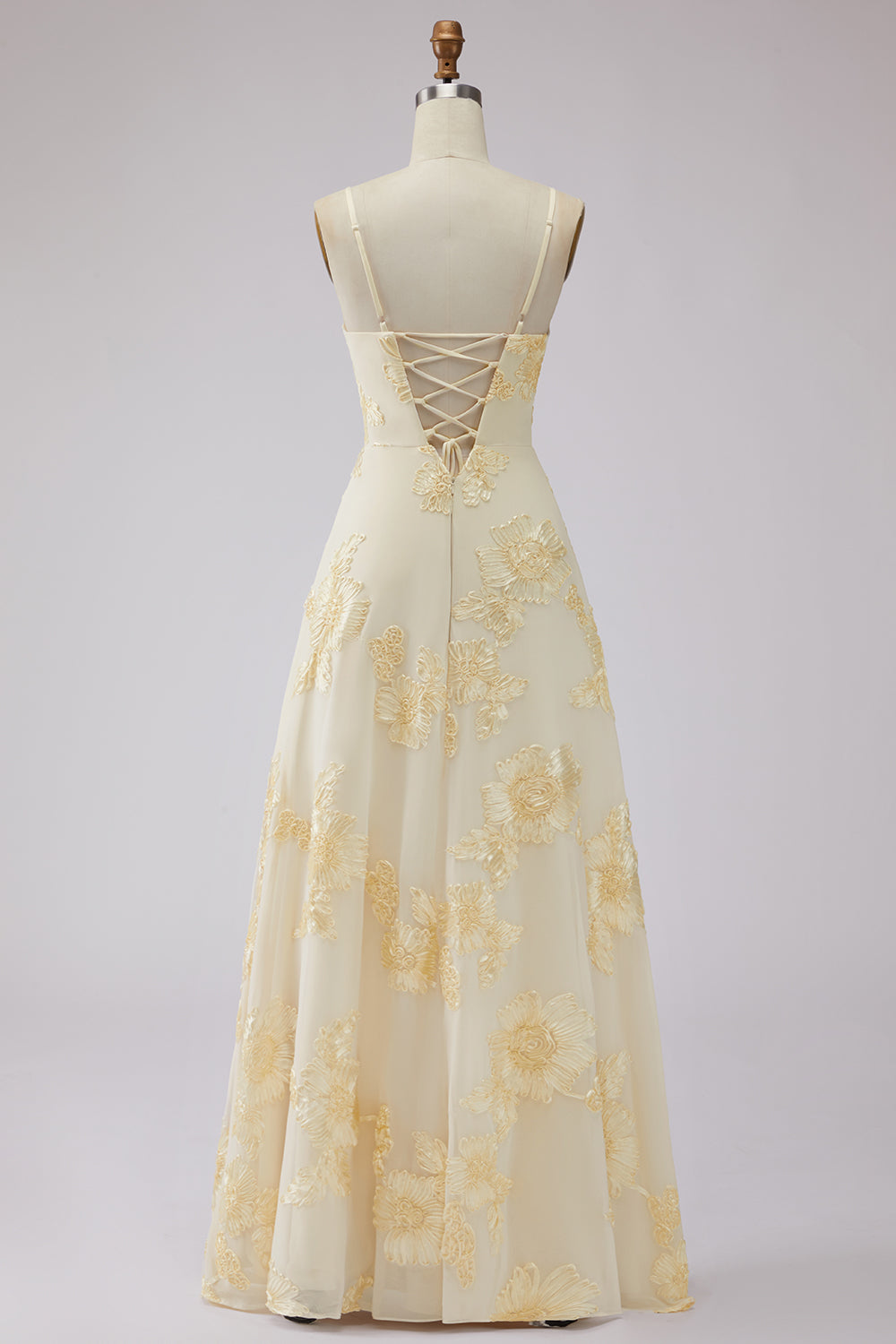Yellow Spaghetti Straps Long A Line Floral Appliqued Prom Dress