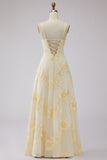 Yellow Spaghetti Straps Long A Line Floral Appliqued Prom Dress