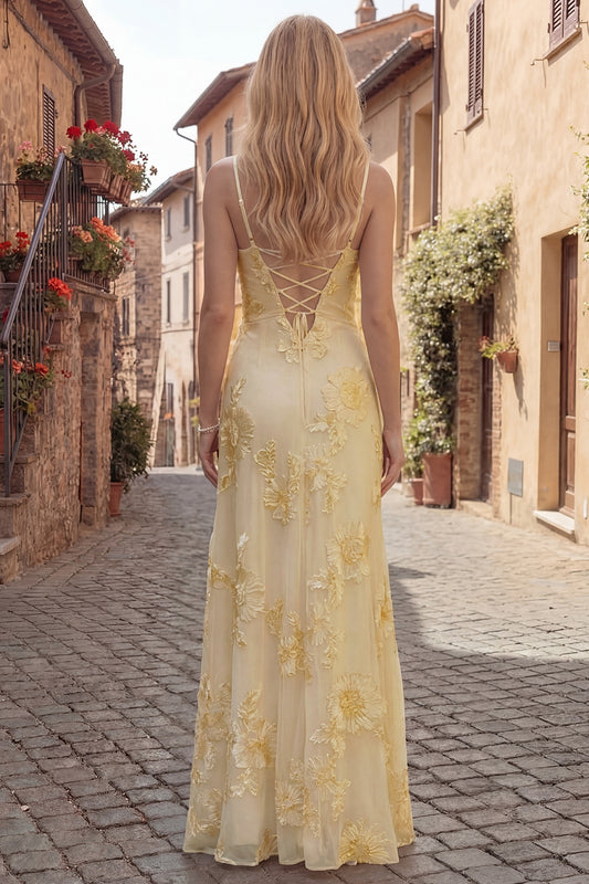 Yellow Spaghetti Straps Long A Line Floral Appliqued Prom Dress