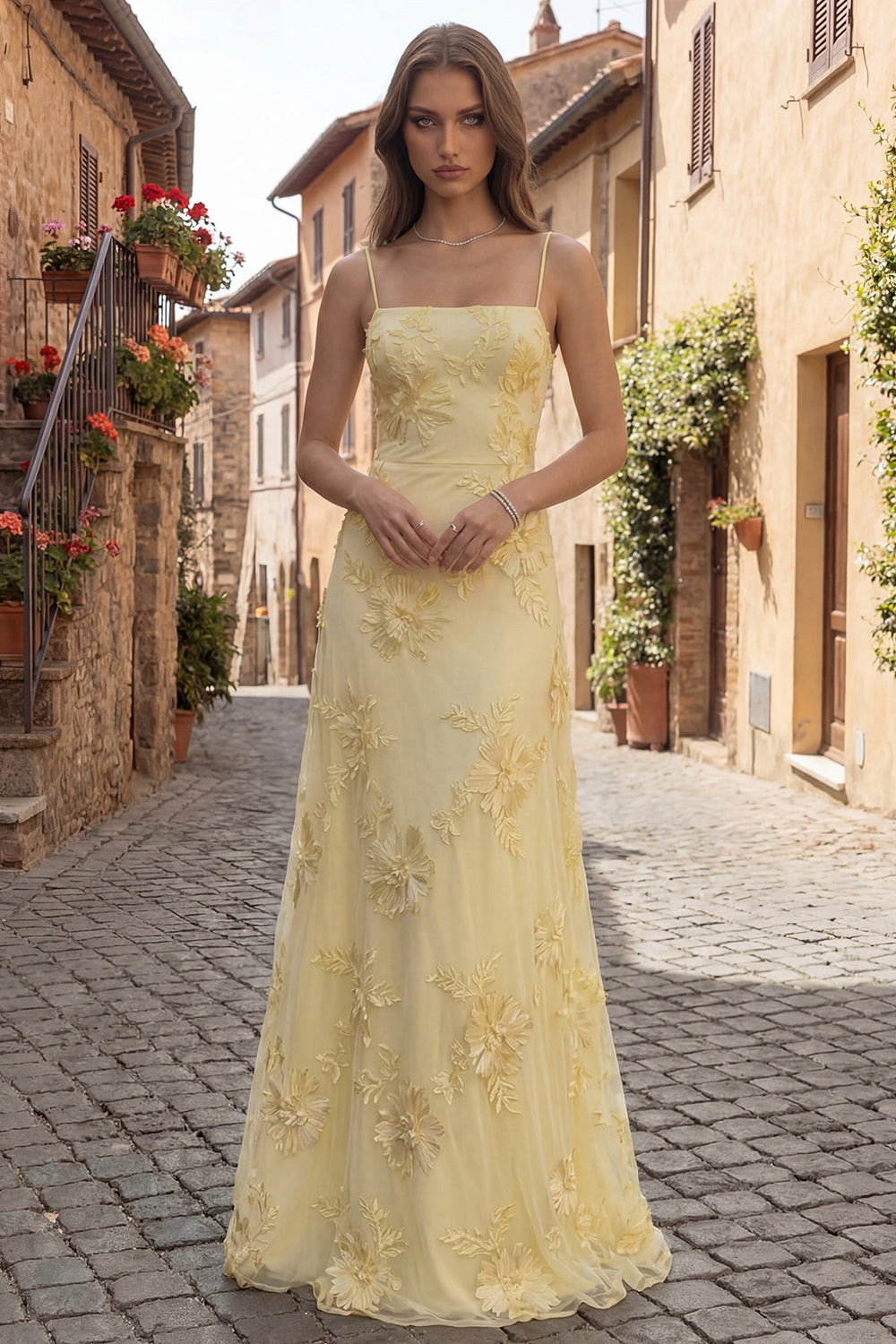 Yellow Spaghetti Straps Long A Line Floral Appliqued Prom Dress