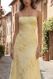 Yellow Spaghetti Straps Long A Line Floral Appliqued Prom Dress