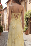 Yellow Spaghetti Straps Long A Line Floral Appliqued Prom Dress