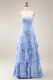 Blush Tiered Ruffled Spaghetti Straps Floral Long A Line Prom Dress