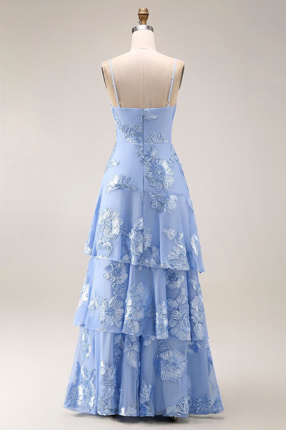 Blush Tiered Ruffled Spaghetti Straps Floral Long A Line Prom Dress