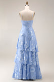 Blush Tiered Ruffled Spaghetti Straps Floral Long A Line Prom Dress