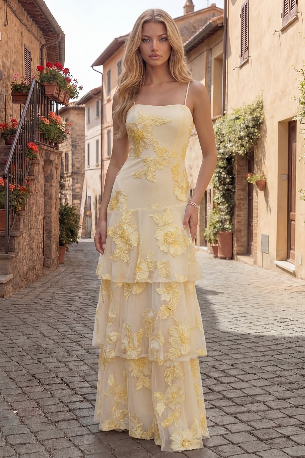 Zapakasa Women Yellow Floral Long Prom Dress Tiered Ruffled A Line Spaghetti Straps Appliqued Gala Dress