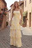 Zapakasa Women Yellow Floral Long Prom Dress Tiered Ruffled A Line Spaghetti Straps Appliqued Gala Dress