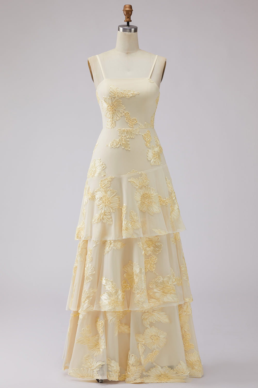Blush Tiered Ruffled Spaghetti Straps Floral Long A Line Prom Dress
