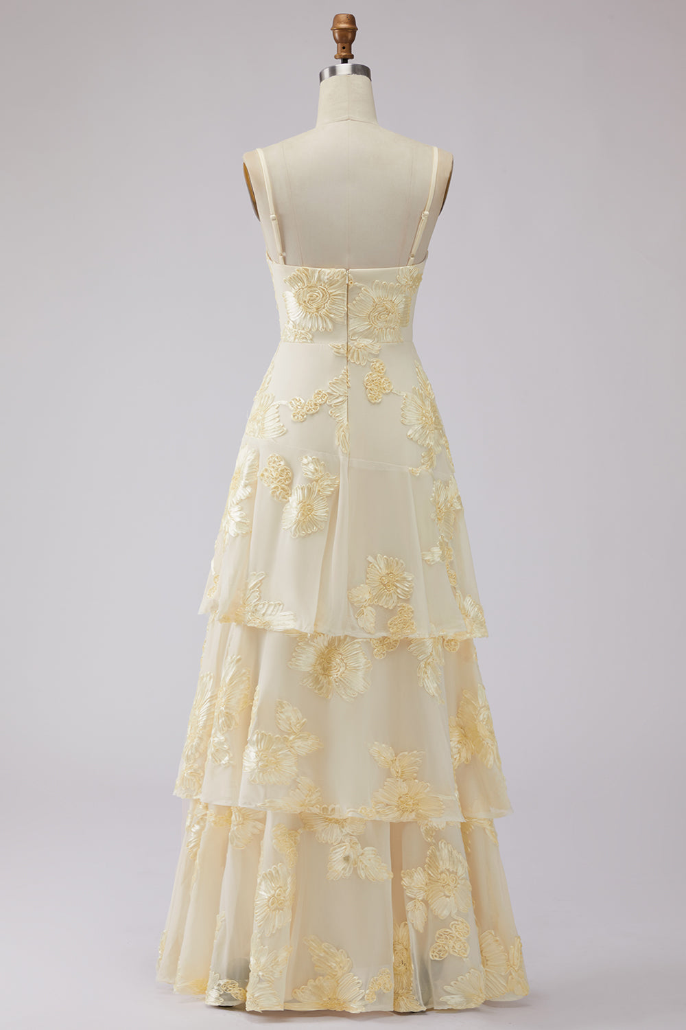 Blush Tiered Ruffled Spaghetti Straps Floral Long A Line Prom Dress