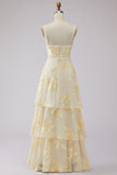 Blush Tiered Ruffled Spaghetti Straps Floral Long A Line Prom Dress