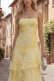 Blush Tiered Ruffled Spaghetti Straps Floral Long A Line Prom Dress