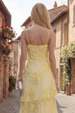 Blush Tiered Ruffled Spaghetti Straps Floral Long A Line Prom Dress