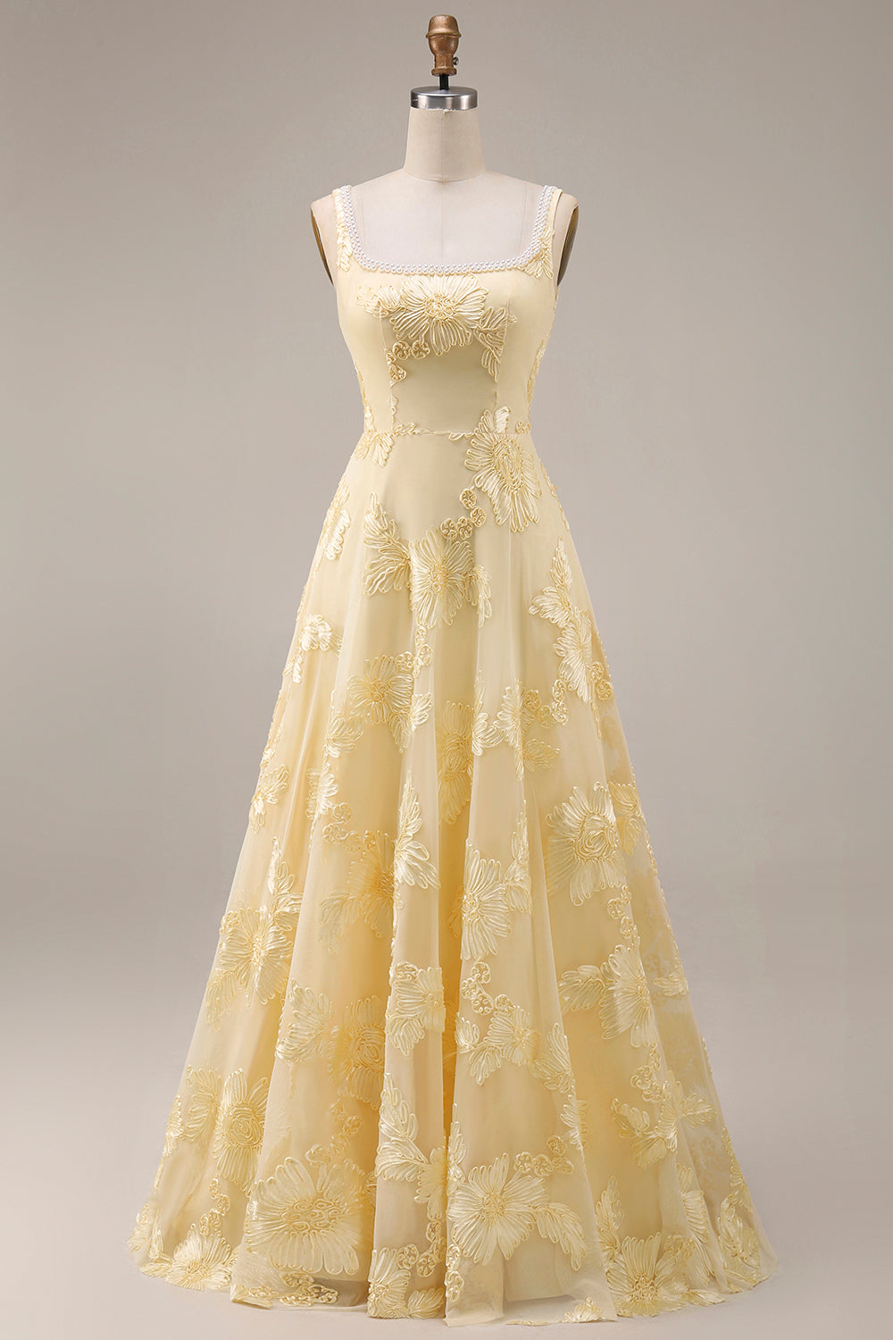 Yellow Floral Beaded A Line Square Neck Long Prom Dress