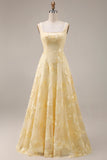 Yellow Floral Beaded A Line Square Neck Long Prom Dress