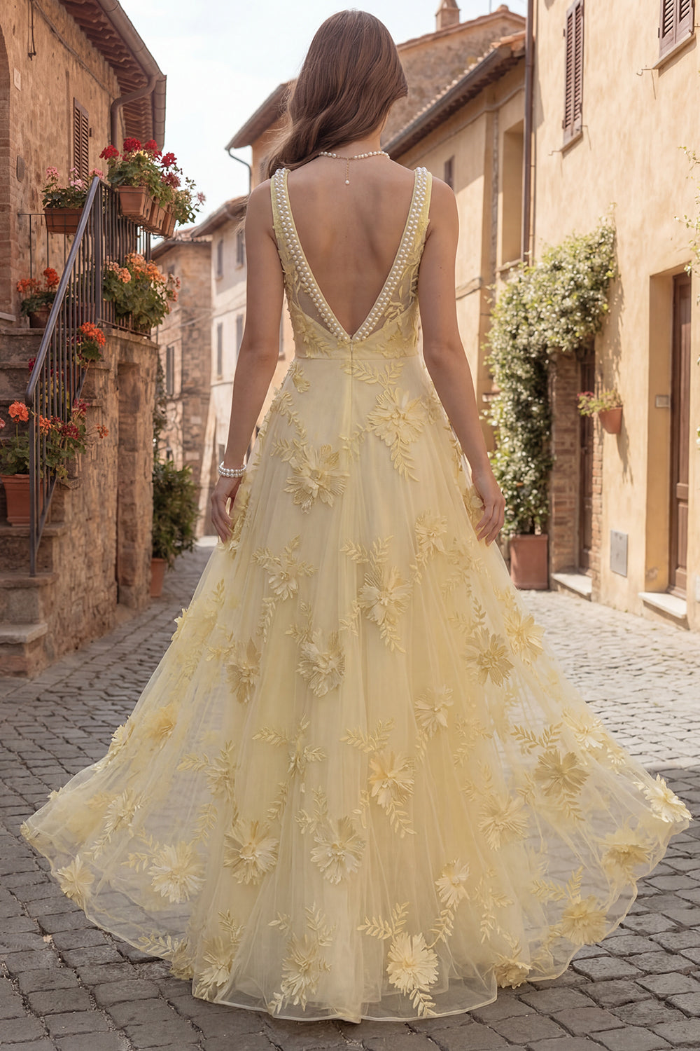Yellow Floral Beaded A Line Square Neck Long Prom Dress