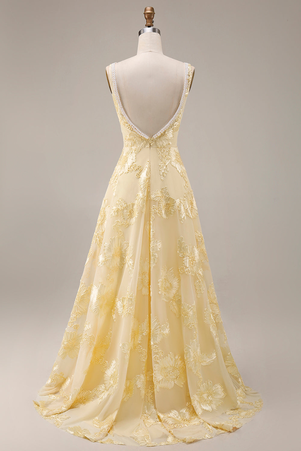 Yellow Floral Beaded A Line Square Neck Long Prom Dress