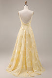 Yellow Floral Beaded A Line Square Neck Long Prom Dress
