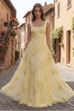 Yellow Floral Beaded A Line Square Neck Long Prom Dress