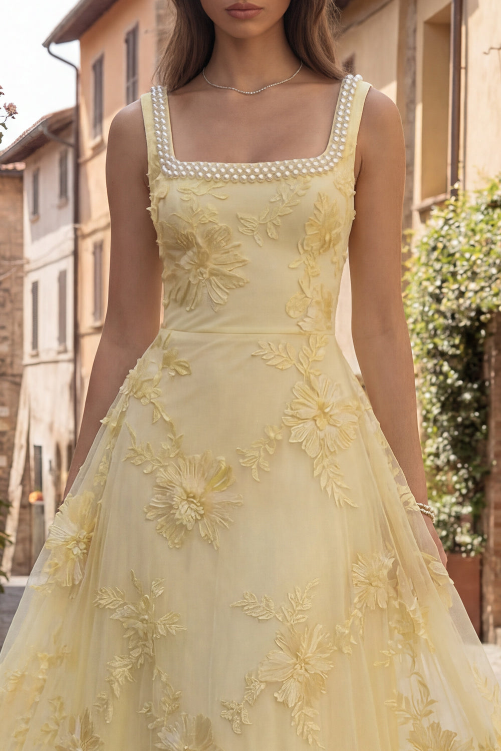 Yellow Floral Beaded A Line Square Neck Long Prom Dress
