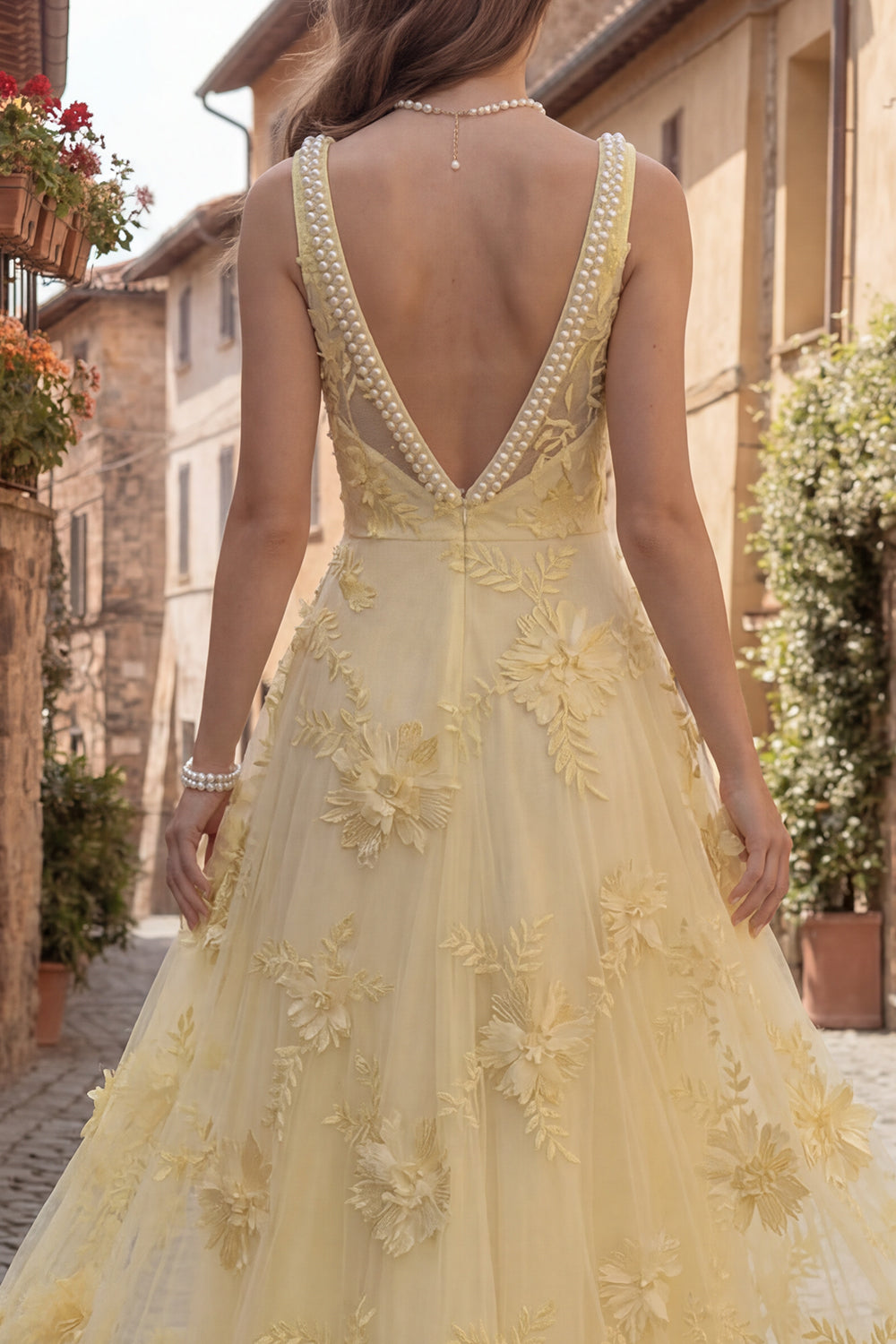 Yellow Floral Beaded A Line Square Neck Long Prom Dress