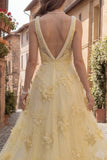 Yellow Floral Beaded A Line Square Neck Long Prom Dress