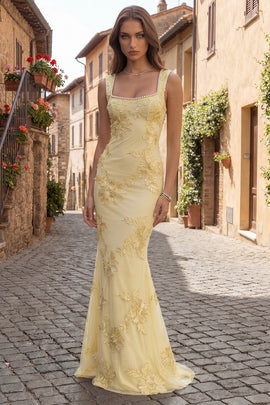 Yellow Long Floral Prom Dress with Pearls Mermaid Square Neck Tulle Pageant Dress