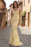 Yellow Long Floral Prom Dress with Pearls Mermaid Square Neck Tulle Pageant Dress