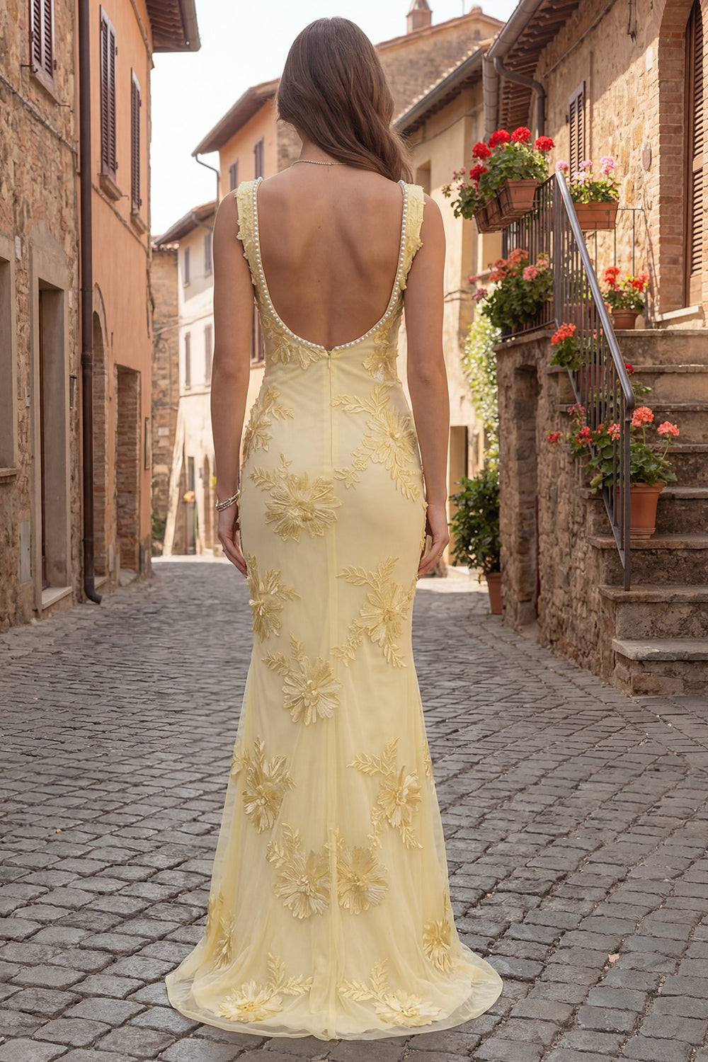 Floral Yellow Mermaid Square Neck Long Prom Dress with Pearls