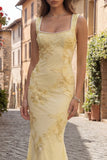 Floral Yellow Mermaid Square Neck Long Prom Dress with Pearls