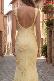 Floral Yellow Mermaid Square Neck Long Prom Dress with Pearls